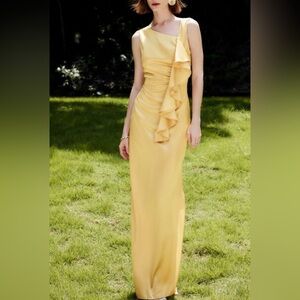 NWT Commense Asymmetrical Backless Gold Satin Look Gown Ruffle Detail - Sz M